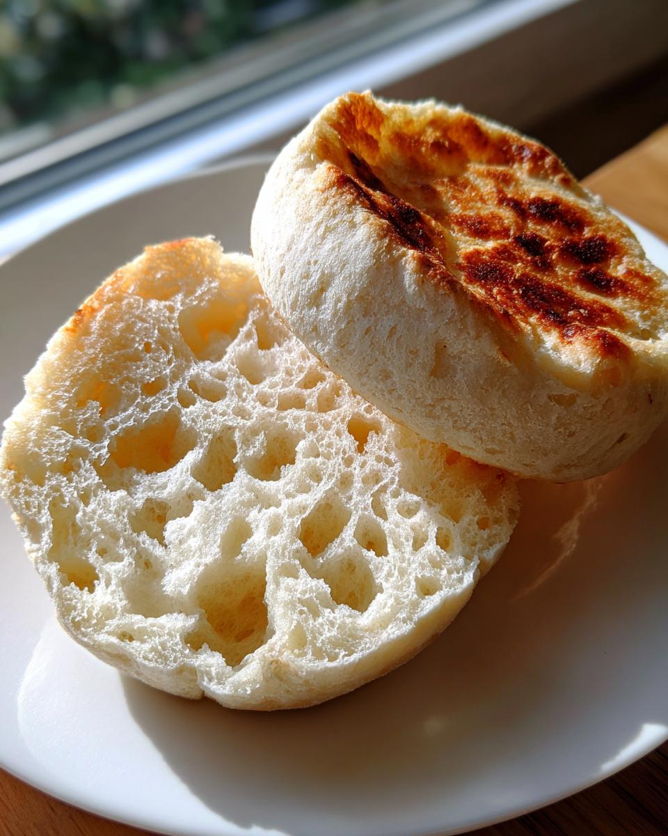 Close-up of homemade english muffins, split open to show the classic airy texture and toasted top.