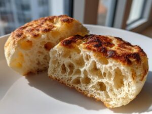 Close-up of homemade english muffins split open showing a light, airy crumb structure and toasted top.