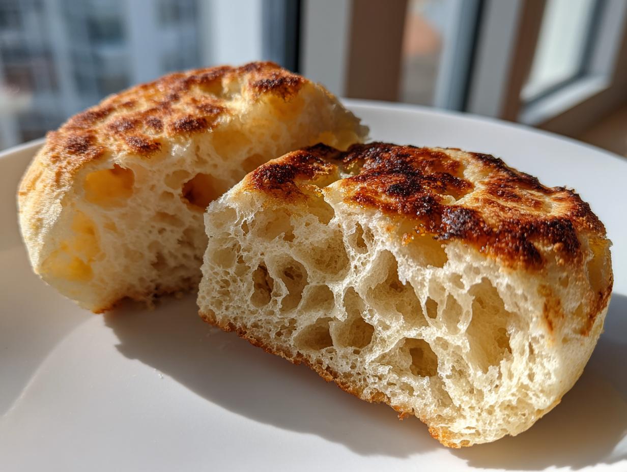 Close-up of homemade english muffins split open showing a light, airy crumb structure and toasted top.