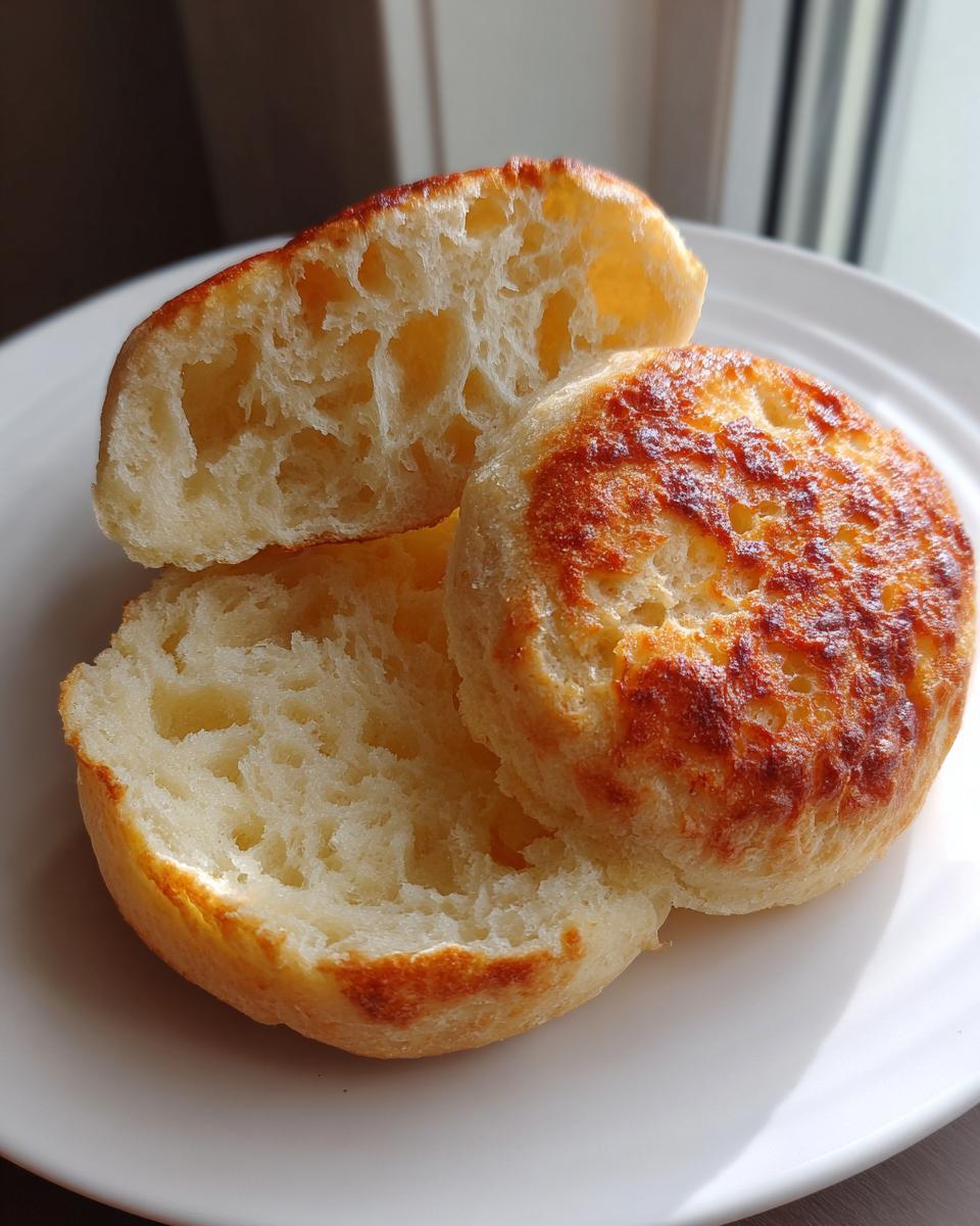 Close-up of a homemade english muffin split open, showing the signature nooks and crannies texture.