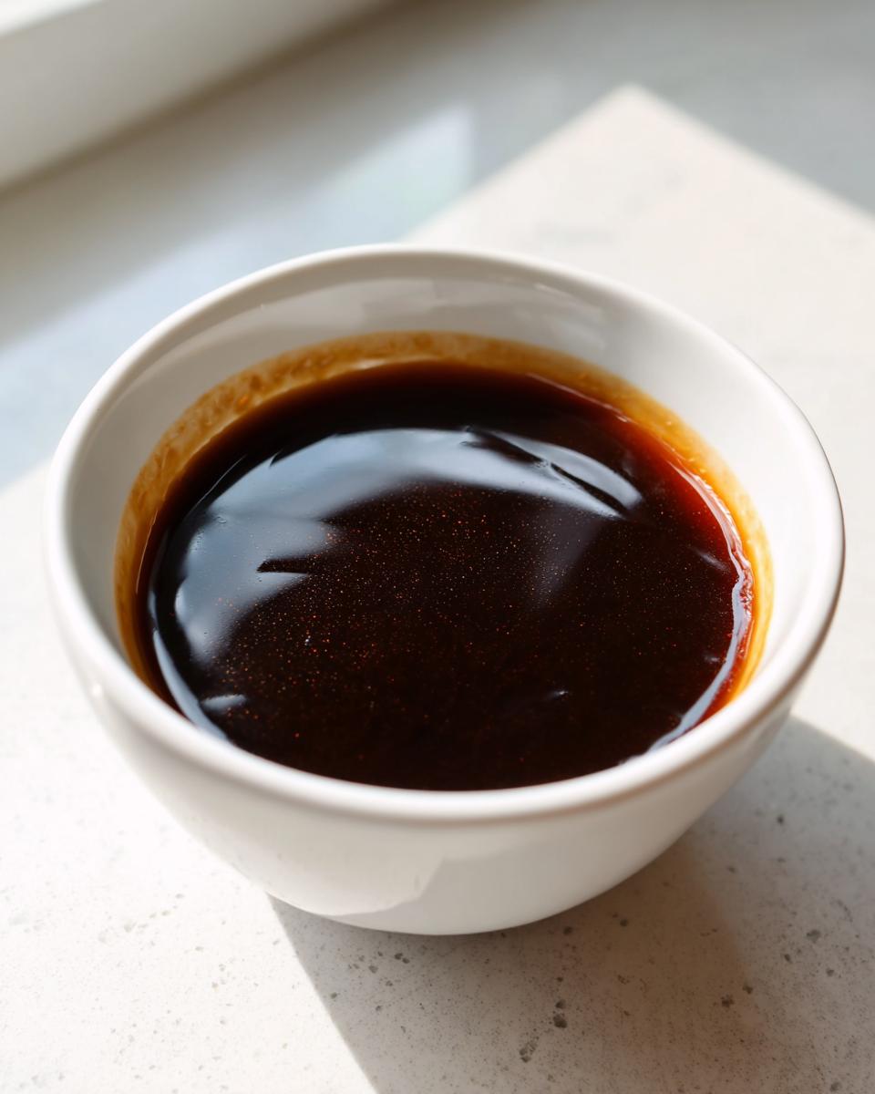 Close-up of rich, dark homemade teriyaki sauce in a small white dipping bowl.