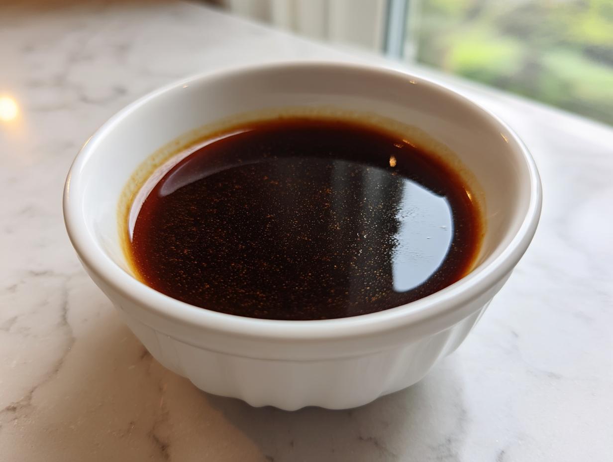 Close-up of rich, dark homemade teriyaki sauce in a small white bowl on a marble counter.