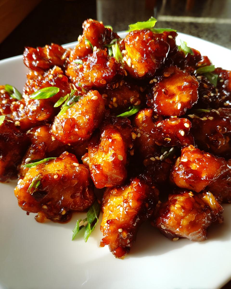 Close-up of sticky, glazed honey garlic chicken pieces garnished with sesame seeds and green onions.