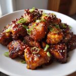 Close-up of sticky, glazed honey garlic chicken pieces garnished with sesame seeds and green onions.