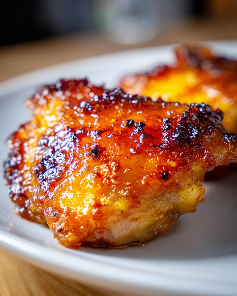 Close-up of a piece of glistening, caramelized hot honey chicken with a dark, sticky glaze.