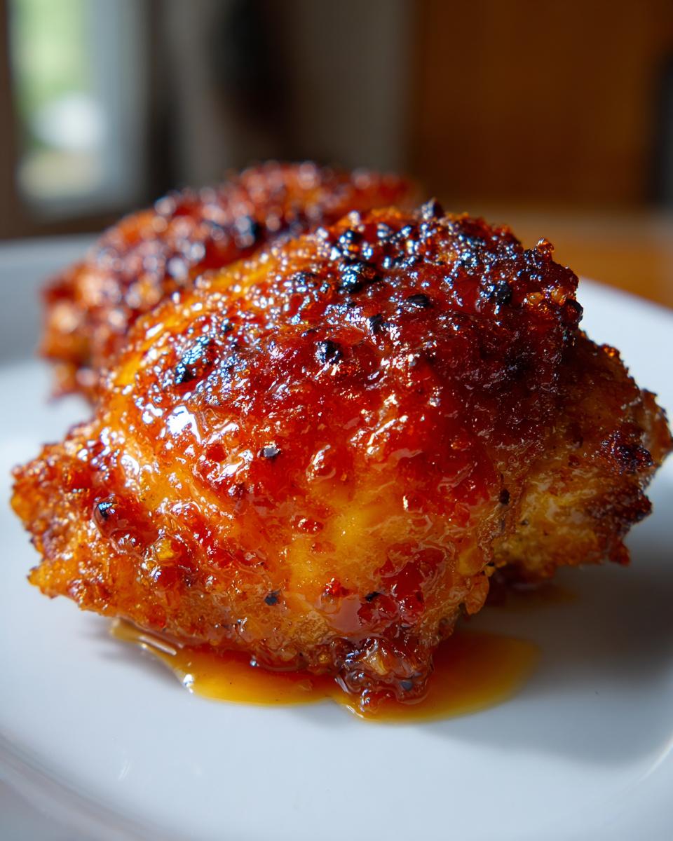 Close-up of a piece of crispy hot honey chicken coated in a thick, shiny, caramelized glaze.