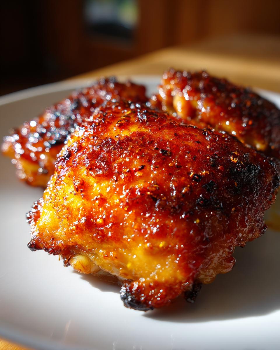 Close-up of perfectly glazed and caramelized hot honey chicken thighs resting on a white plate.