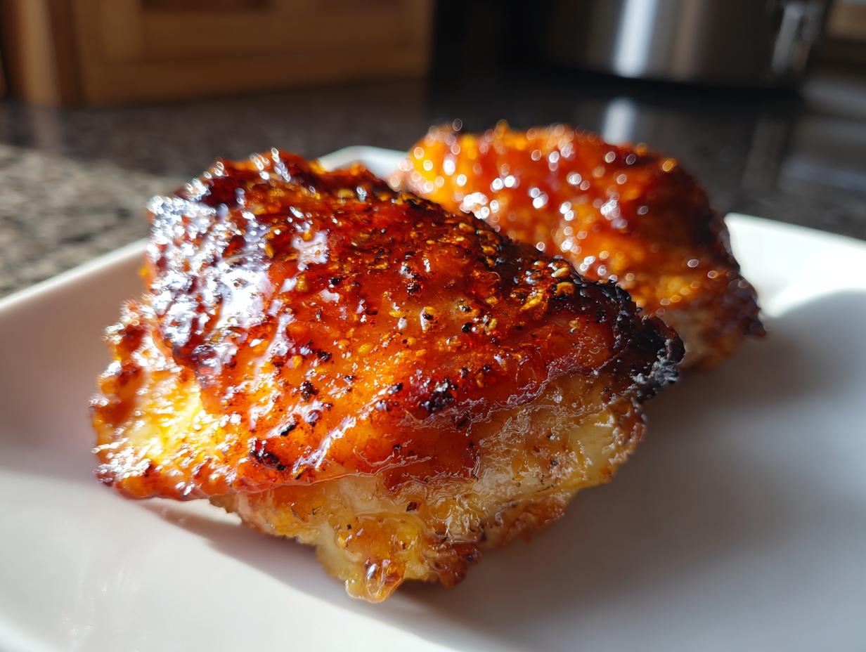 Two pieces of glistening, caramelized hot honey chicken served on a white plate.