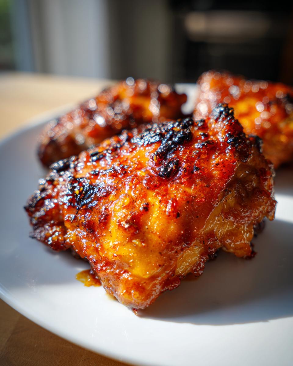 Close-up of a piece of caramelized hot honey chicken with a sticky, charred glaze on a white plate.