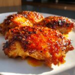 Close-up of three pieces of glazed hot honey chicken with a sticky, caramelized, and slightly charred coating.