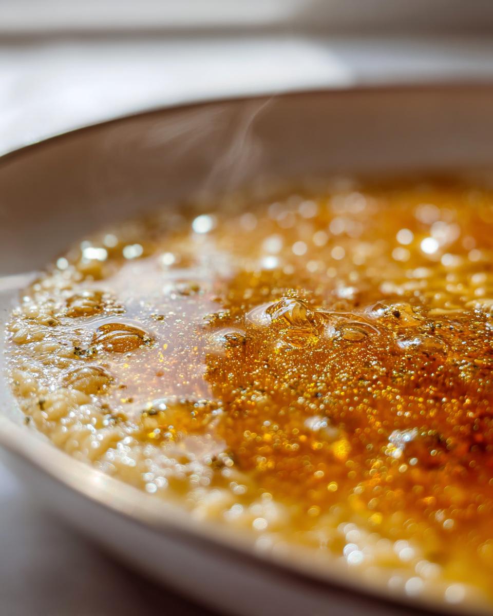 Close-up of hot, bubbling broth with melted butter and herbs in a bowl of pastina soup.