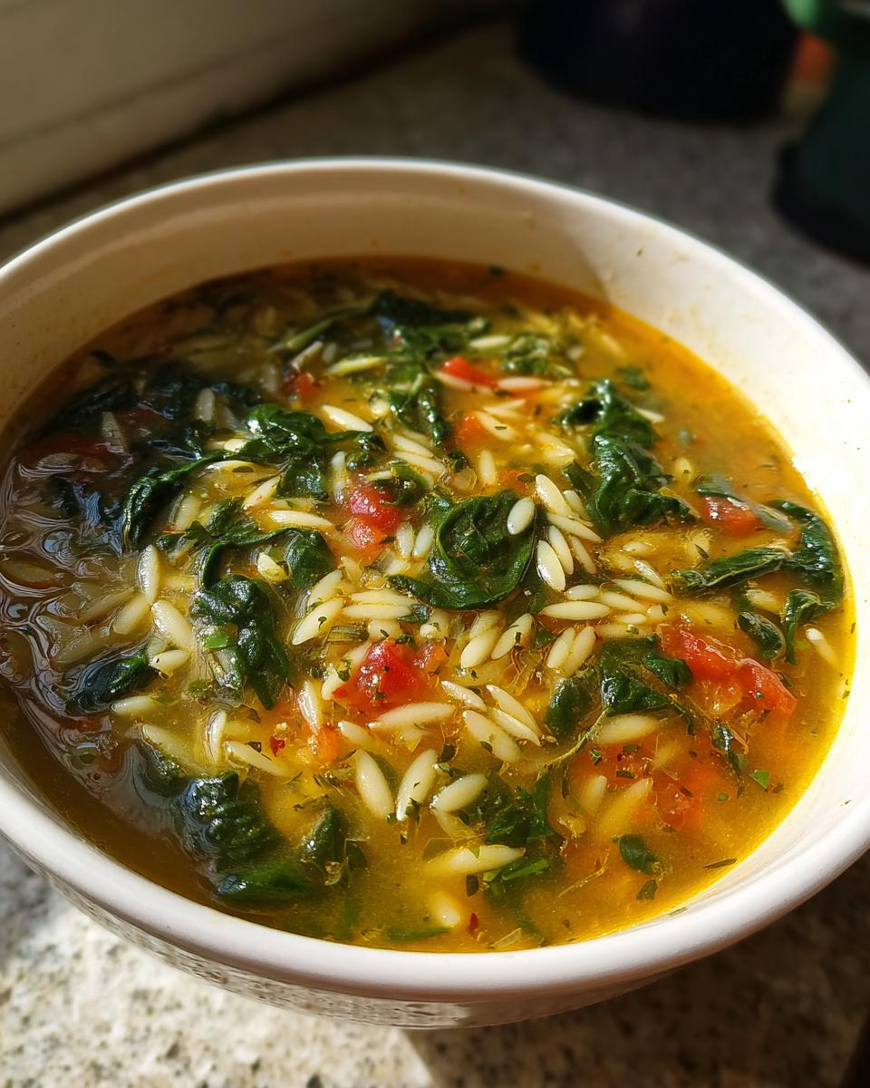 Close-up of a bowl of hot italian orzo spinach soup featuring bright green spinach, orzo pasta, and diced tomatoes in a rich broth.