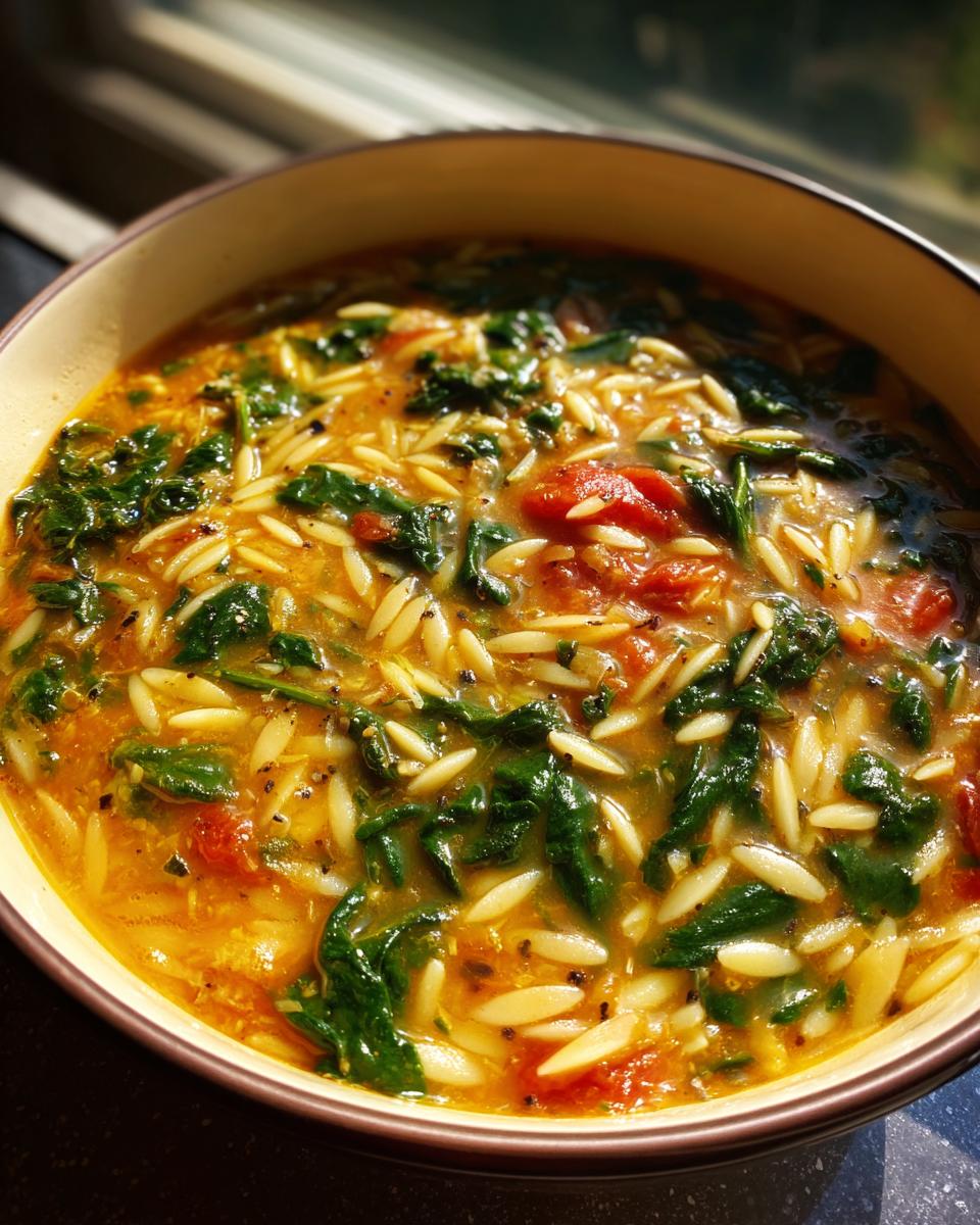 Close-up view of a hearty bowl of italian orzo spinach soup, featuring bright green wilted spinach and orzo pasta in a rich broth.