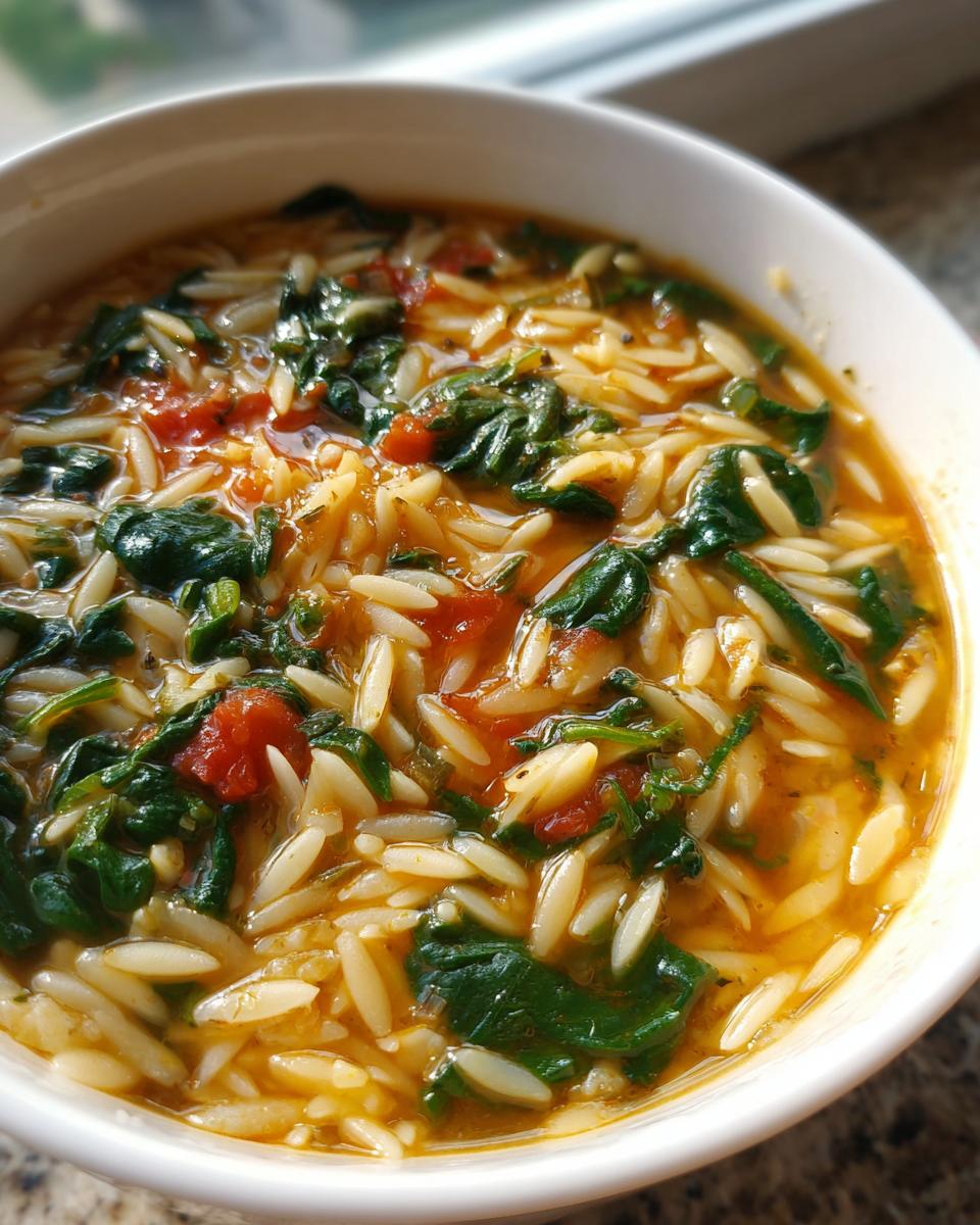 A close-up view of a hearty bowl of italian orzo spinach soup, featuring orzo pasta, wilted spinach, and diced tomatoes in a flavorful broth.