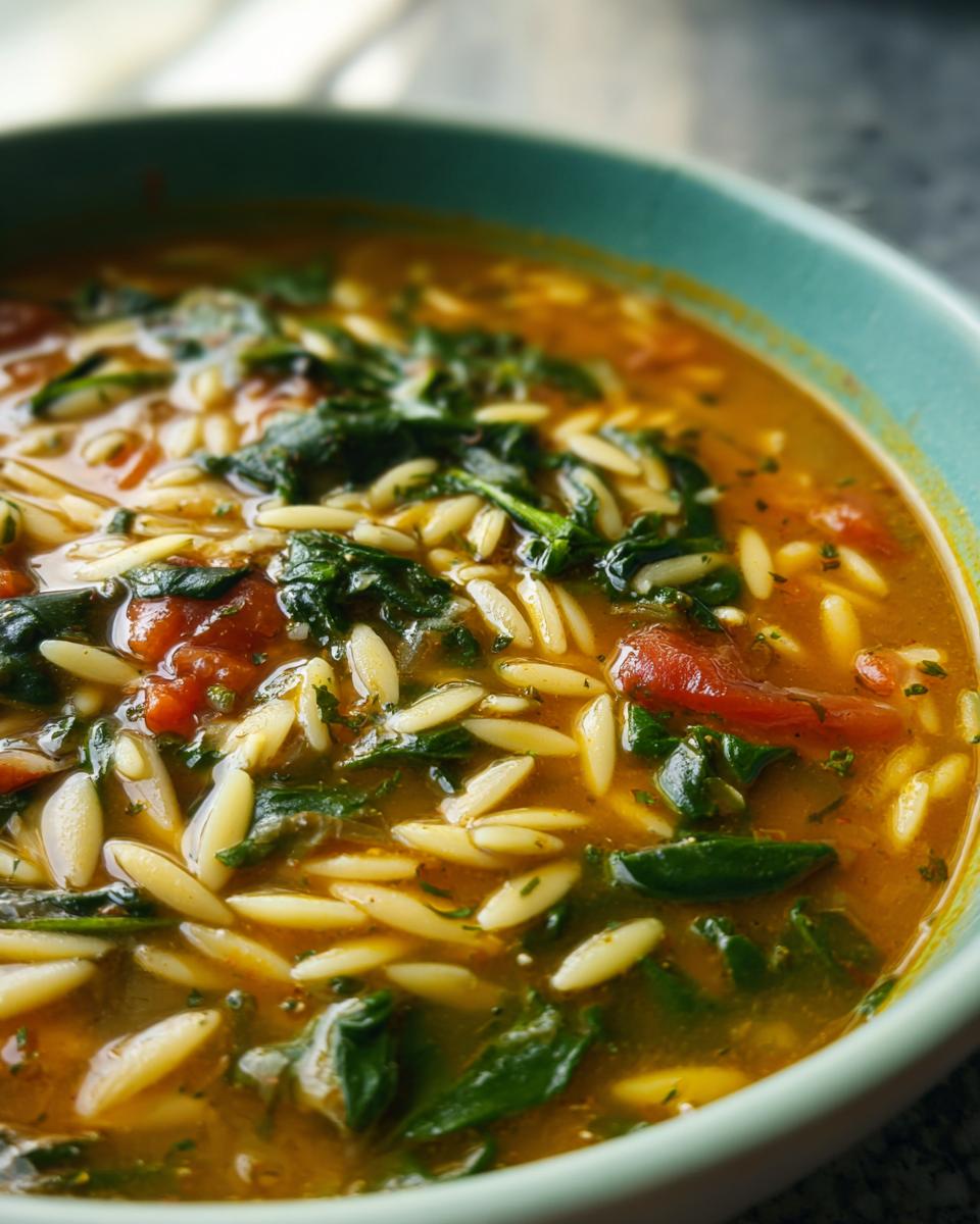 A close-up view of steaming italian orzo spinach soup featuring orzo pasta, wilted spinach, and chunks of tomato in a rich broth.