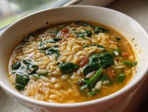 Close-up of a steaming bowl of Italian orzo spinach soup with rich broth and visible pasta shapes.