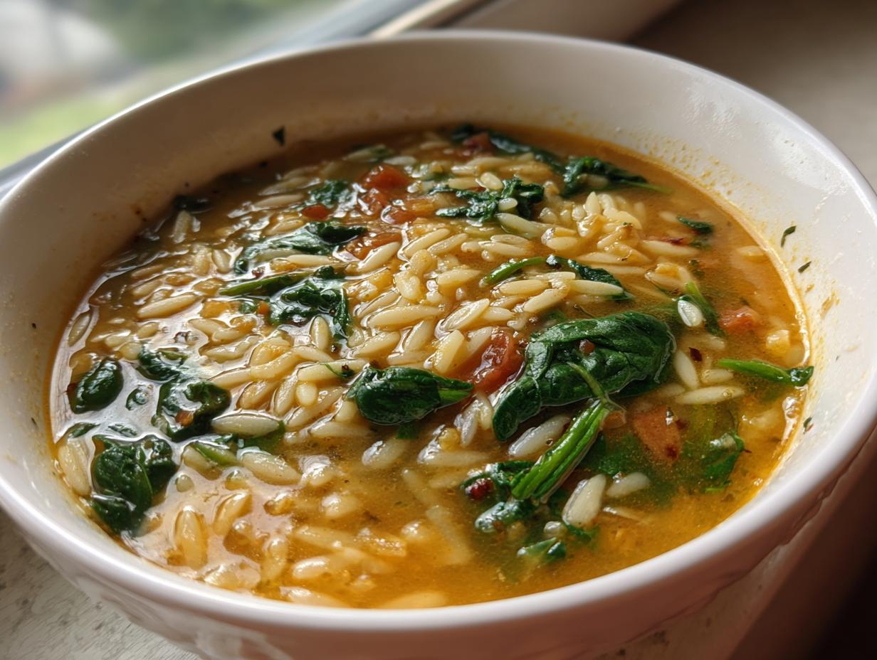 Close-up of a steaming bowl of Italian orzo spinach soup with rich broth and visible pasta shapes.