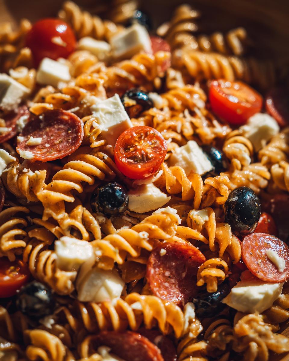 Close-up view of a vibrant Italian pasta salad featuring rotini pasta, mozzarella cubes, pepperoni, olives, and cherry tomatoes.