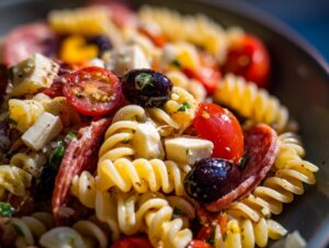 Close-up of fusilli pasta mixed with cherry tomatoes, olives, mozzarella cubes, and salami in an amazing italian pasta salad.