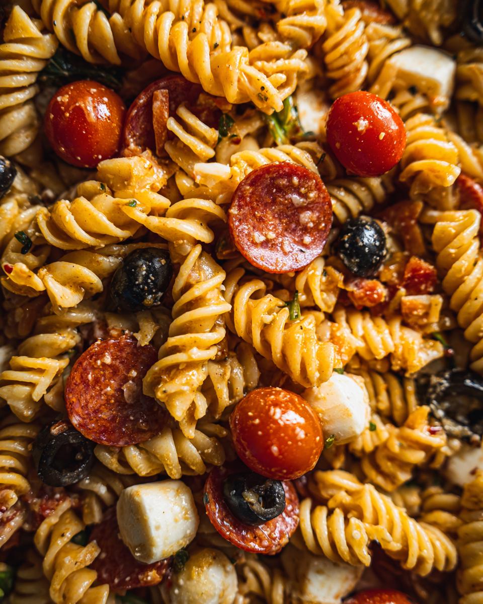 A close-up, vibrant shot of Italian pasta salad featuring rotini pasta, pepperoni slices, cherry tomatoes, olives, and mozzarella balls.