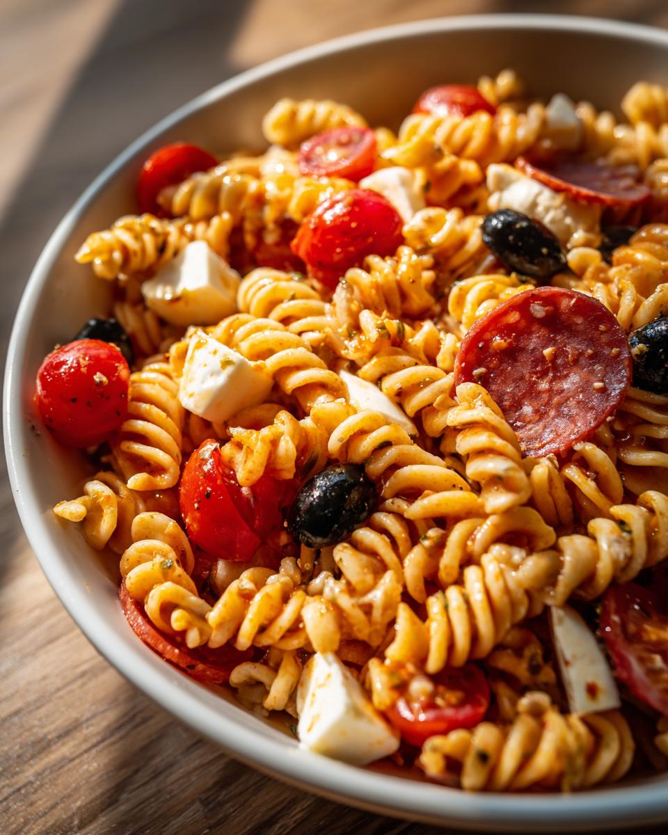 Close-up of a vibrant bowl of Italian pasta salad featuring rotini pasta, cherry tomatoes, mozzarella, pepperoni, and black olives.