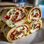 Close-up of stacked, sliced italian pinwheels filled with cream cheese, red meat, and green herbs.