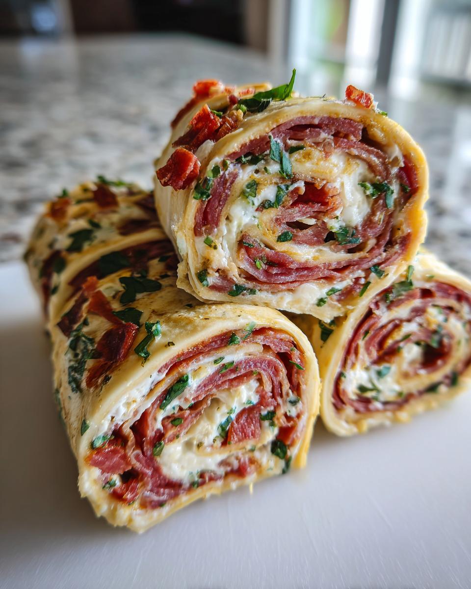 Close-up of stacked Italian pinwheels showing layers of salami, cream cheese, and herbs wrapped in a tortilla.
