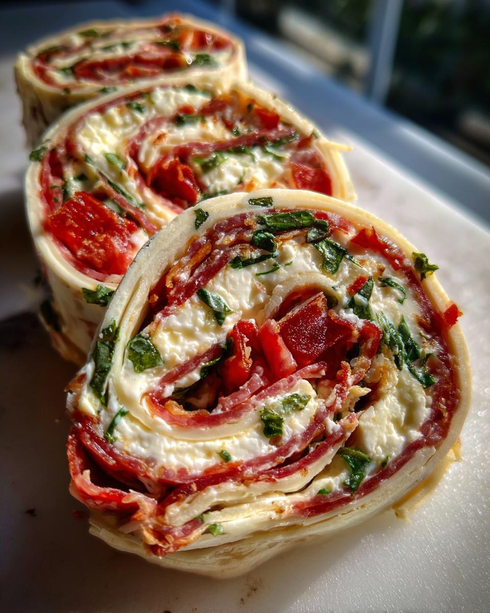 Close-up of three slices of savory Italian pinwheels showing layers of cream cheese, salami, sun-dried tomatoes, and herbs.
