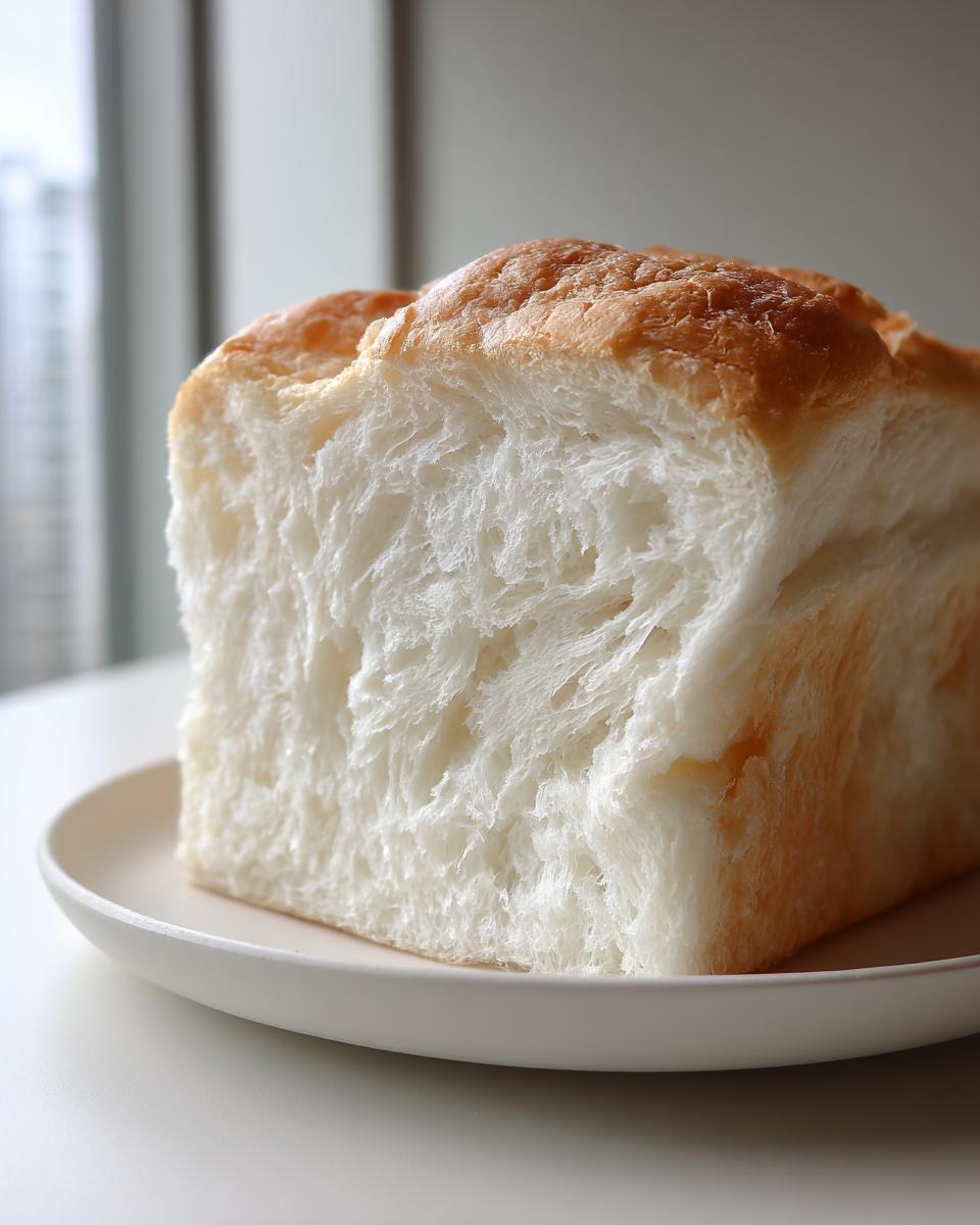 Close-up of the incredibly soft, fluffy interior crumb structure of a freshly baked Japanese milk bread loaf.