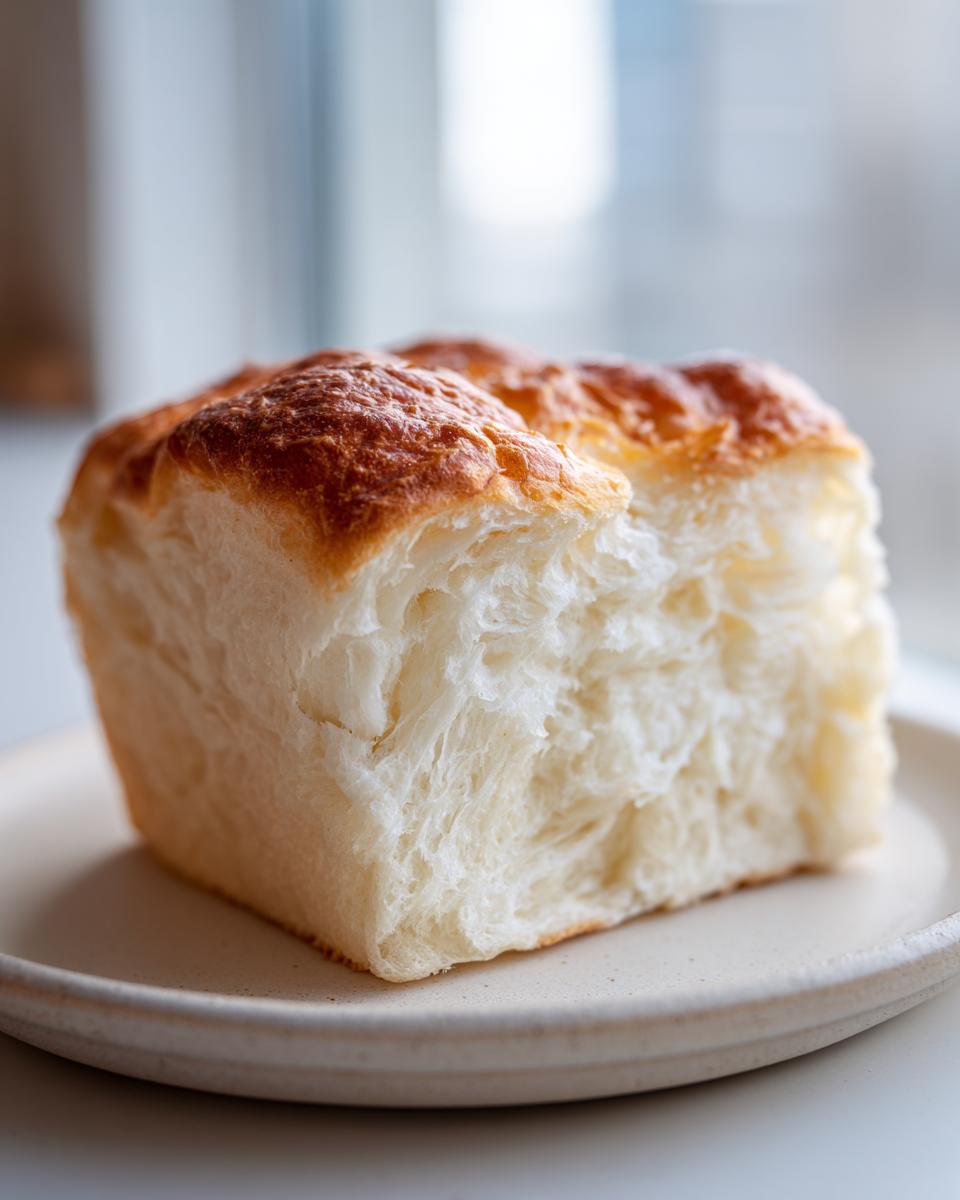 Close-up of a torn piece of Japanese milk bread showing its incredibly soft, stringy, and fluffy white interior.