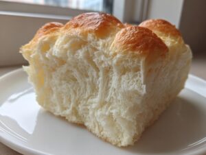 Close-up of a torn piece of Japanese milk bread showing its incredibly soft, fluffy, and stringy interior texture.