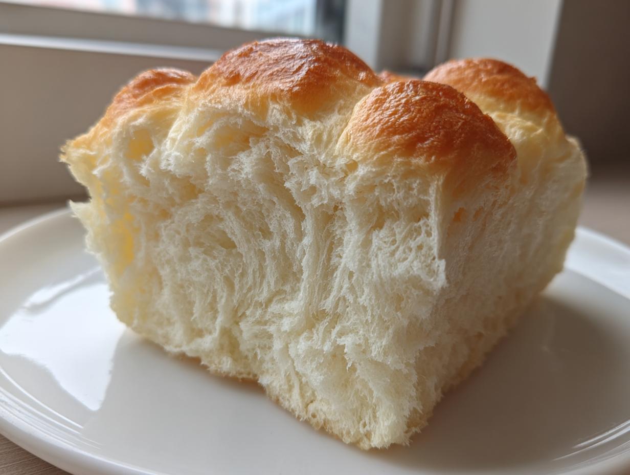 Close-up of a torn piece of Japanese milk bread showing its incredibly soft, fluffy, and stringy interior texture.
