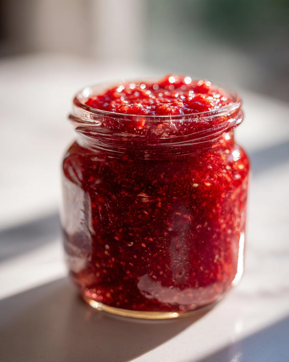 Close-up of a small glass jar filled with chunky, bright red freezer jam, glistening in the sunlight.