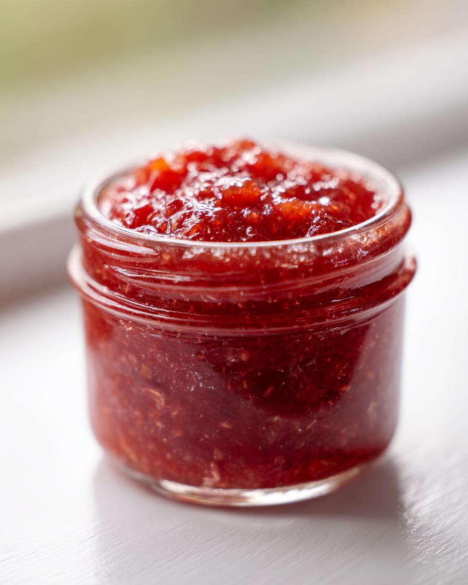 Close-up of a small glass jar filled with bright red, textured freezer jam sitting on a white surface.