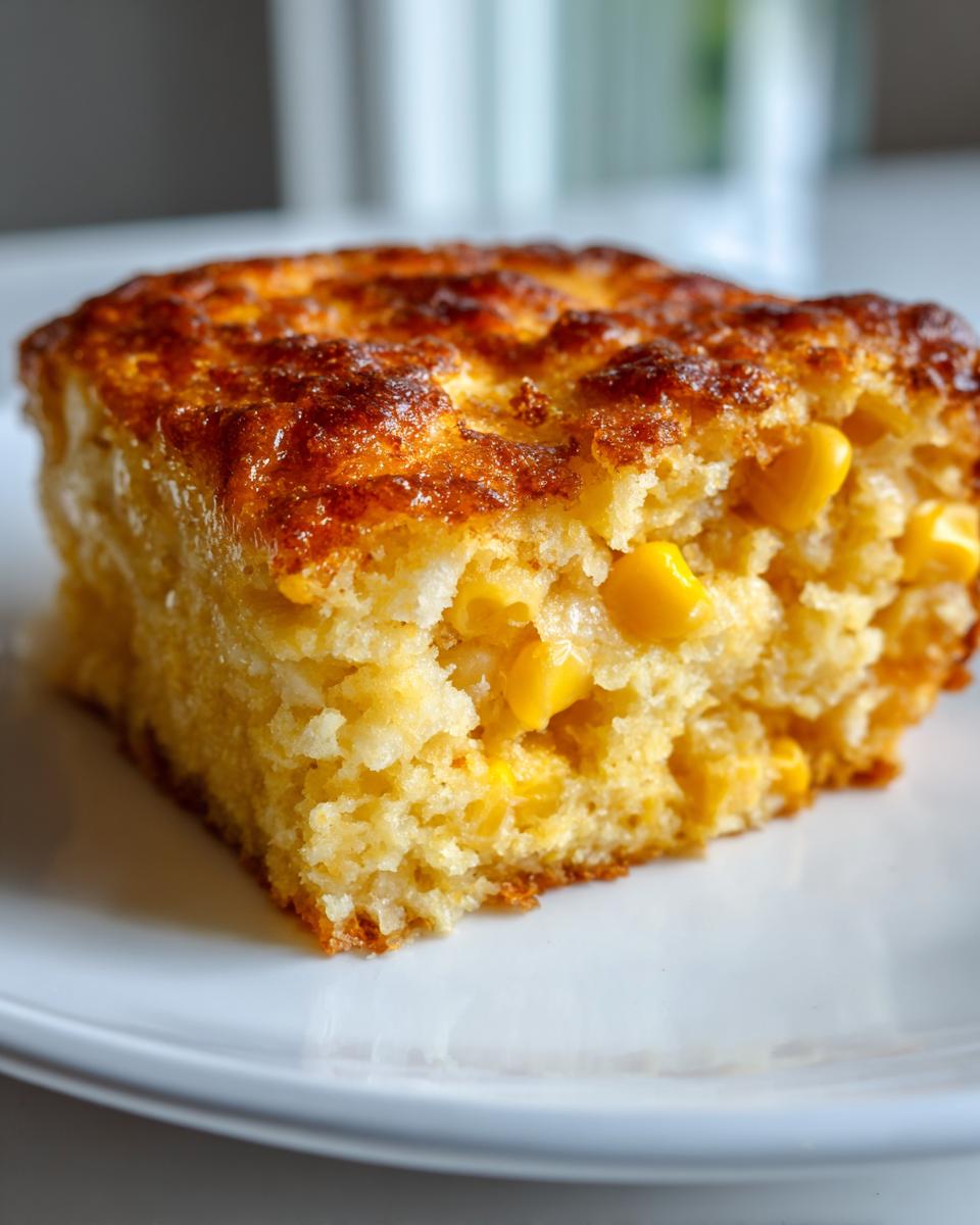 Close-up of a moist, square slice of jiffy corn casserole showing whole corn kernels and a golden-brown crust.
