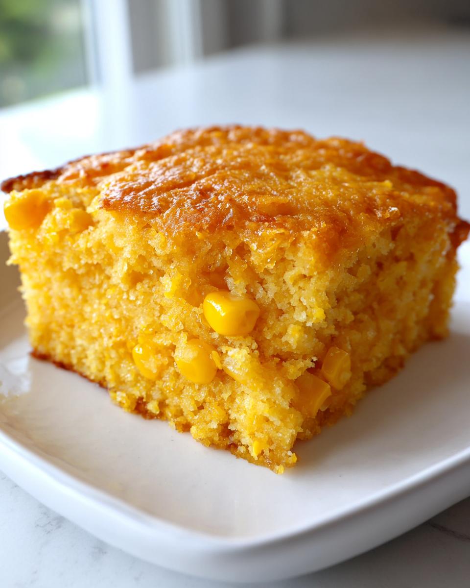 Close-up of a moist, golden slice of jiffy corn casserole with visible whole corn kernels.