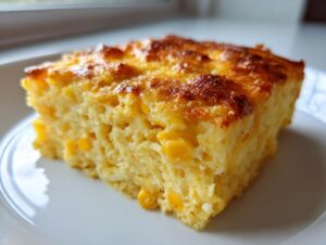 A close-up of a square slice of moist jiffy corn casserole with visible corn kernels and a golden-brown, slightly crispy top.