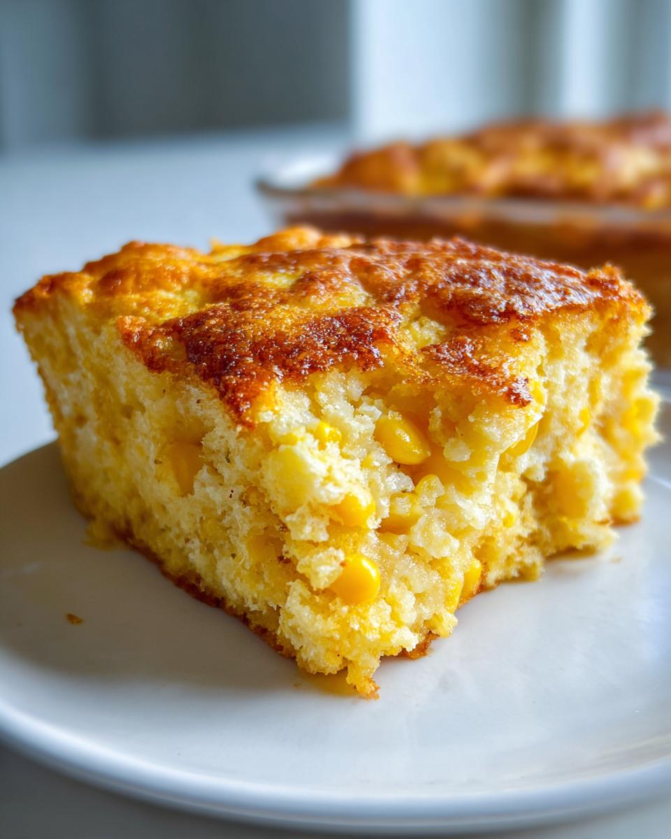 Close-up of a moist, golden slice of jiffy corn casserole with visible corn kernels on a white plate.