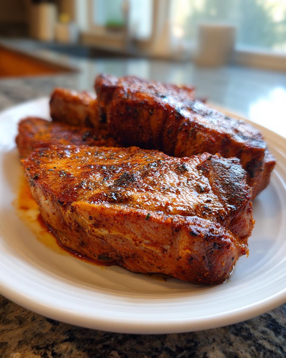 Close-up of three thick, perfectly seared and seasoned pork steak cuts resting on a white plate.