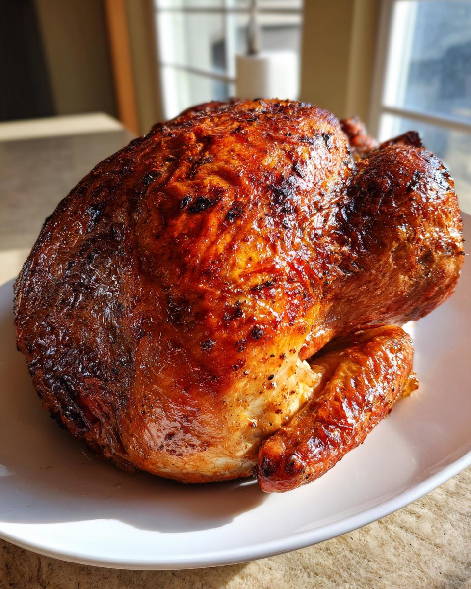 A whole, beautifully roasted turkey with crispy, dark golden-brown skin, likely prepared using a turkey brine.