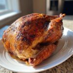 A whole, perfectly roasted turkey with crispy, golden-brown skin, fresh from the oven after a turkey brine.