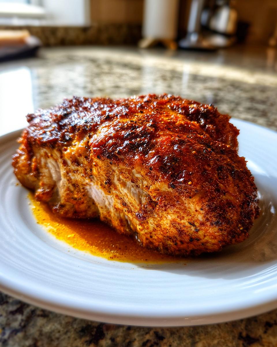 A perfectly cooked, thick pork steak heavily seasoned with spices resting in its juices on a white plate.