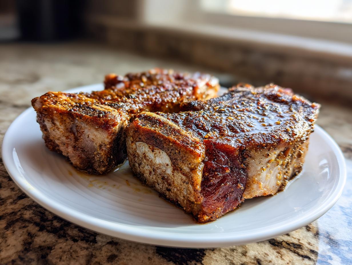 Close-up of three thick, beautifully seared and seasoned pork steak cuts resting on a white plate.