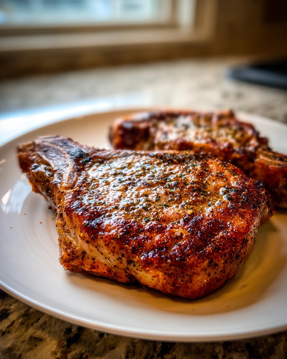 Close-up of a perfectly seared and seasoned pork steak resting on a white plate.