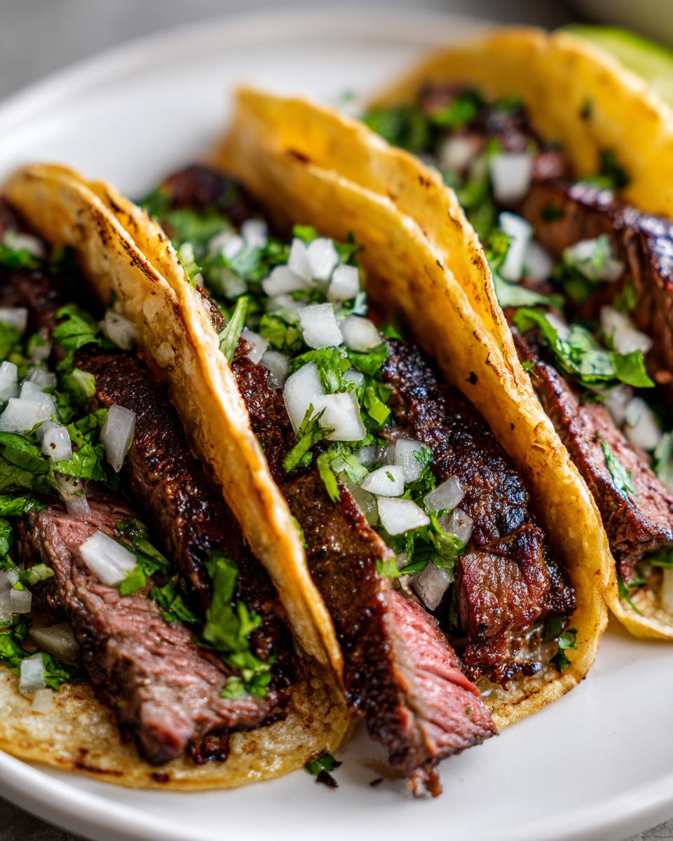 Close-up of three delicious steak tacos filled with sliced, medium-rare steak, topped with diced white onion and fresh cilantro.