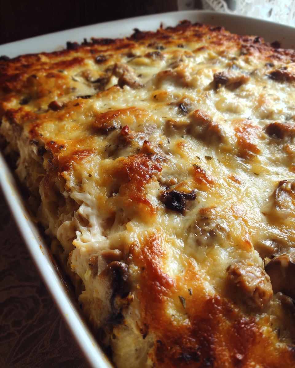 A close-up of a baked keto garlic mushroom chicken casserole with a bubbly, golden-brown cheesy top.