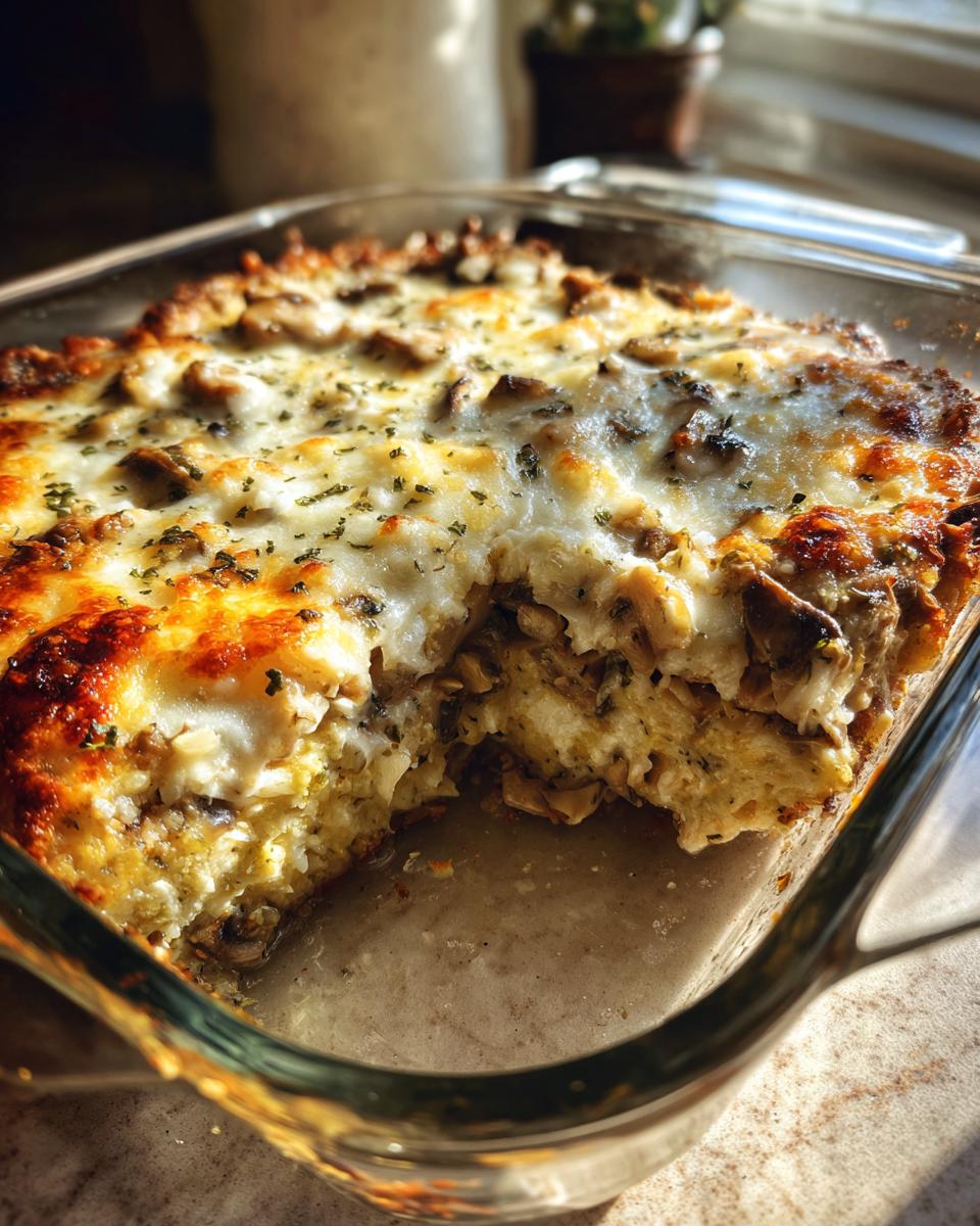 A portion removed from a baked keto garlic mushroom chicken casserole topped with melted, browned cheese and herbs.