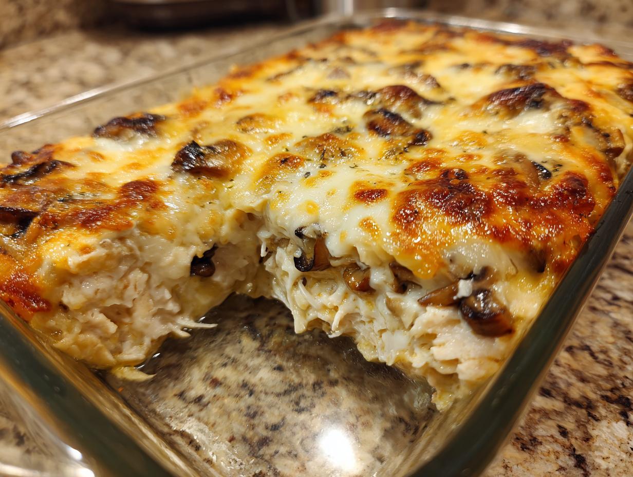 Close-up of a scoop taken out of a keto garlic mushroom chicken casserole showing shredded chicken and melted, bubbly cheese topping.