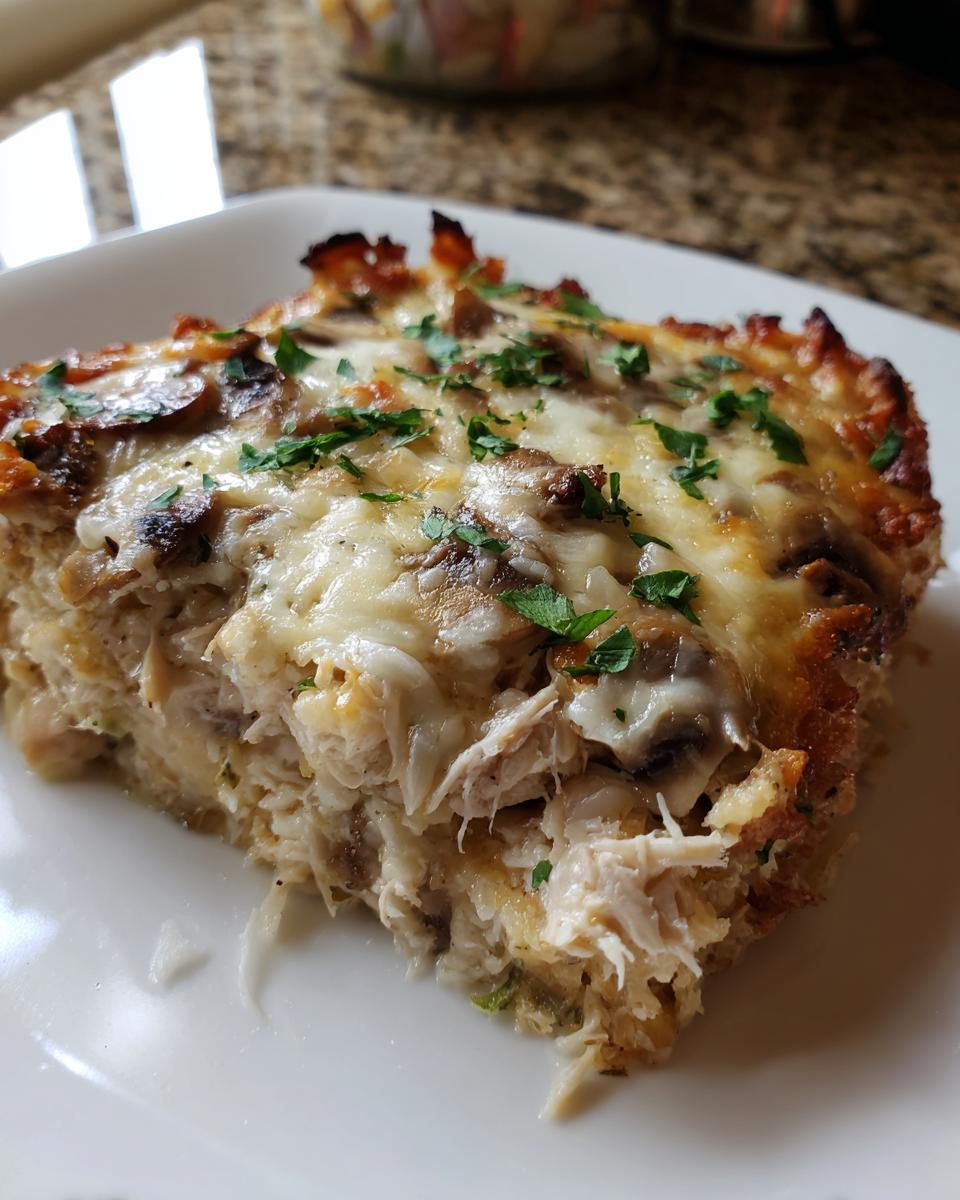 A close-up of a serving of keto garlic mushroom chicken casserole topped with melted cheese and parsley.