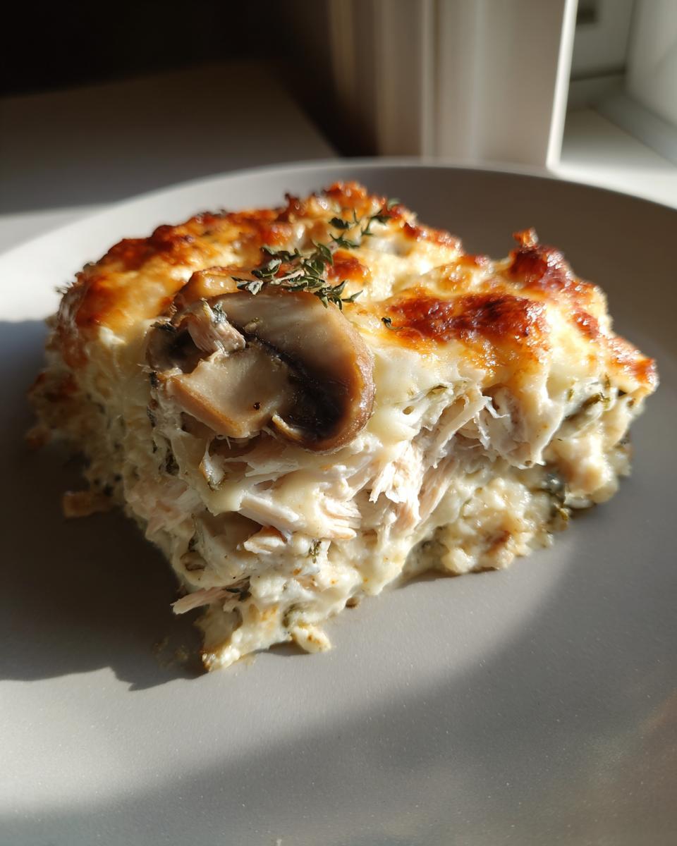 A close-up slice of keto garlic mushroom chicken casserole with a browned cheesy top and visible shredded chicken.